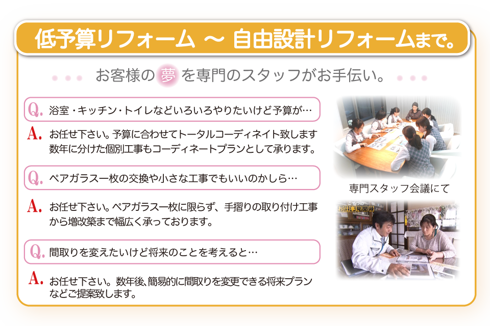 低予算リフォームから自由設計リフォームまで